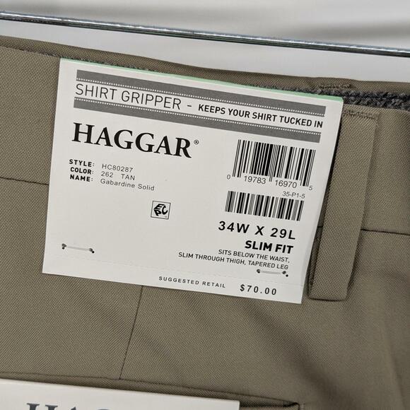 Haggar Mens Cool 18 Pro Comfort Waistband Slim Fit Flat Front Pant Beige 34 x 29 - Picture 3 of 5